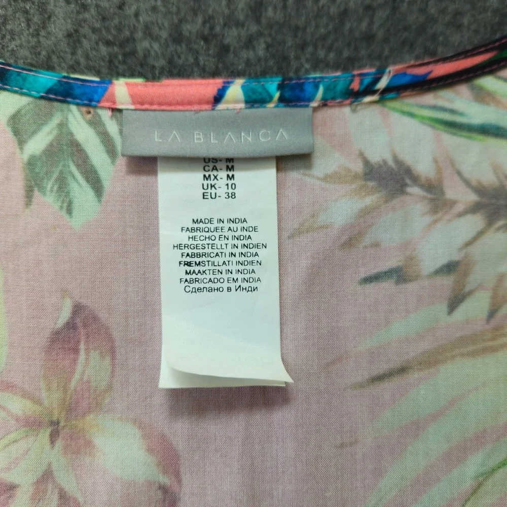 La Blanca Tropical V-Neck Tunic Beach Cover Sz Medium Coastal Grandma Resortwear